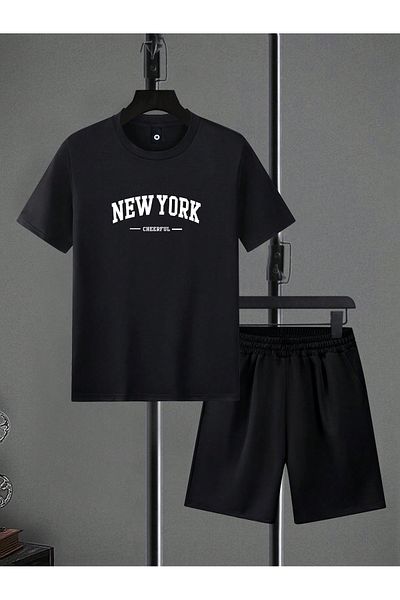 Mythologie New York Black Printed Oversize T-Shirt and Shorts Set - Crew Neck
