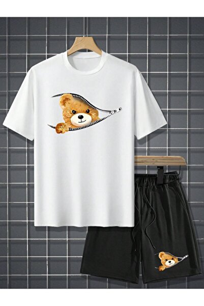 Mythologie Біло-чорна футболка з принтом ведмедя та комбінована горловина для екіпажу з принтом