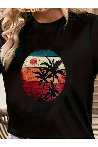 Modayakamoz Tricou de damă din viscoză cu imprimeu palmier - mânecă scurtă