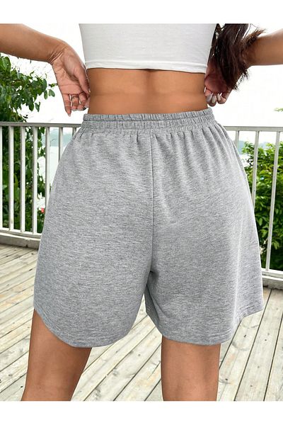 Mythologie Pantaloni scurti din bumbac pieptănat cu imprimeu New York, cu talie înaltă și buzunare tricotate - gri