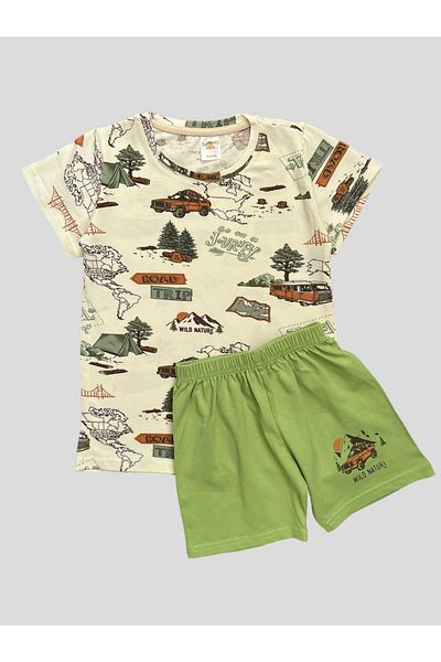 elmas kids Boy's 100% Cotton Car Bus Tree Patterned Short Sleeve Pajamas Set with Shorts
