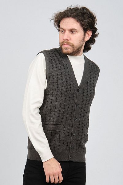 Ateş Triko Men's Pocket Detailed Buttoned Patterned Vest 6091732 Smoked
