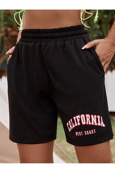 Mythologie Pantaloni scurți din bumbac pieptănați negri de pe Coasta de Vest din California - Vară imprimați și cu buzunar