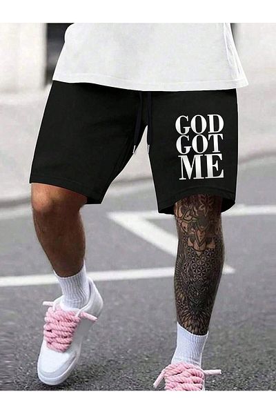 Mythologie God Got Me Μαύρο εμπριμέ χτενισμένο βαμβακερό σορτς - Καλοκαίρι με τσέπες