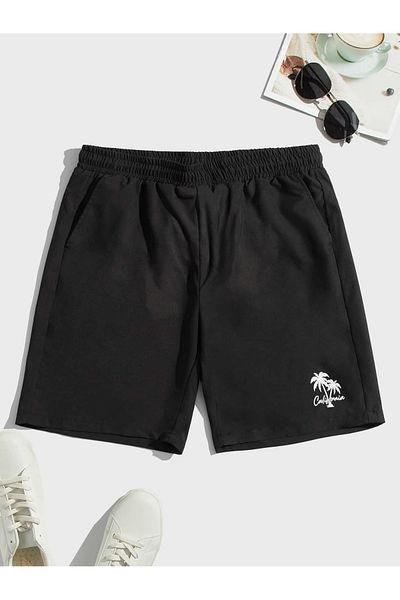 Mythologie Pantaloni scurți de vară din bumbac pieptănat cu palmier din California cu imprimeu negru - cu buzunar