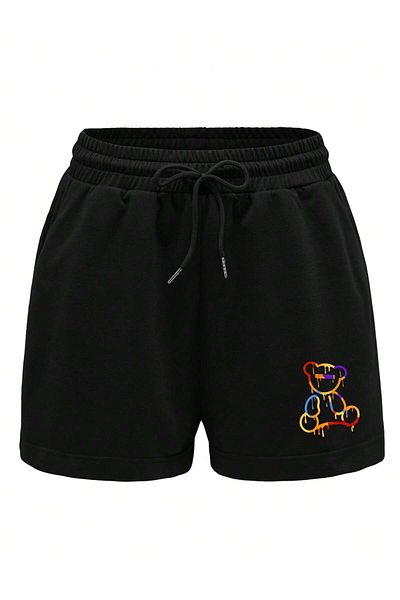 Mythologie Pantaloni scurți din bumbac pieptănat, colorați, imprimați urs negru - vară cu buzunar