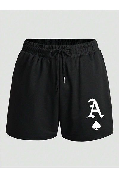 Mythologie Pantaloni scurți de vară din bumbac pieptănat cu buzunar cu imprimeu negru
