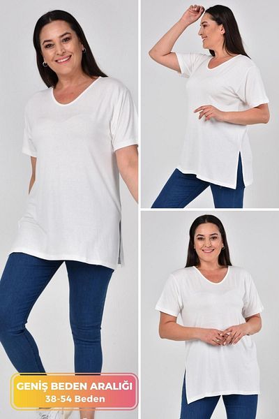 tarzımsüper Large Size Organic Cotton Side Slit Lycra Comfort Model Short Sleeve Sports And Casual T-shirt