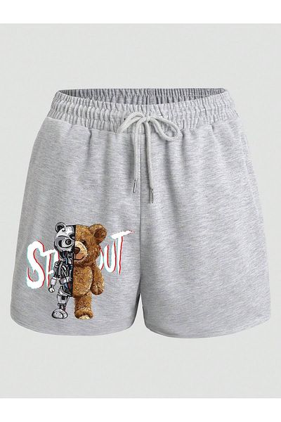 modaberry Καλιφόρνια Robot Bear εμπριμέ γκρι χτενισμένο βαμβακερό σορτς - Καλοκαίρι με τσέπες