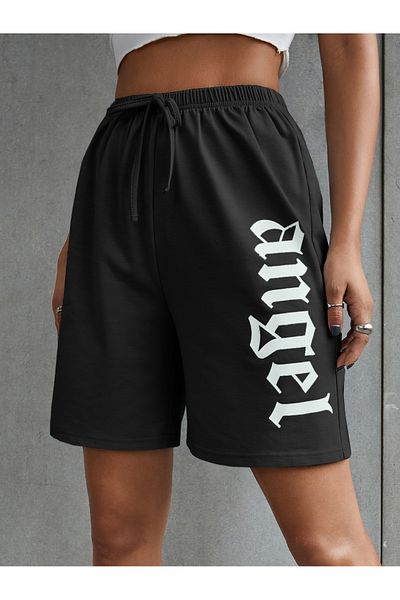 Mythologie Pantaloni scurți din bumbac pieptănat înger cu imprimeu negru - vară cu buzunar