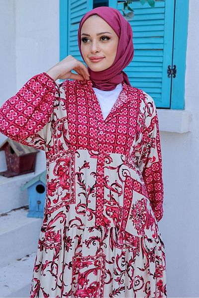 Bestenur Fuchsia Viscose Dress - Water Pattern, Woven, Model 985