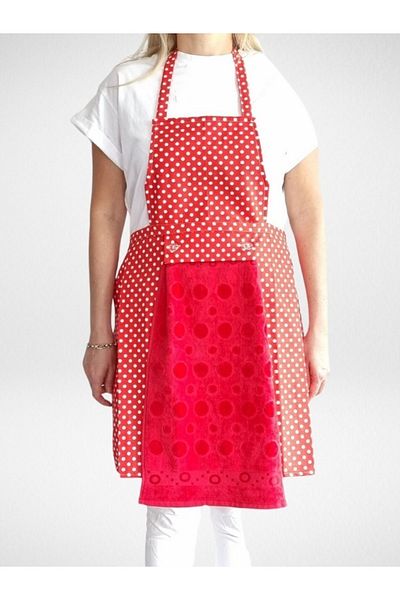 Enoteks Waterproof Kitchen Apron with Towel Red-Red Towel Polka Dot