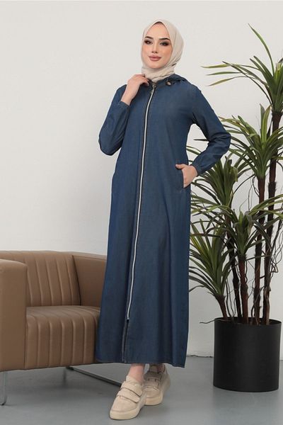 Bestenur Κουκούλα Ολόσωμο Διπλό Τσέπη με φερμουάρ Hijab Denim Cap 223 - Σκούρο Μπλε