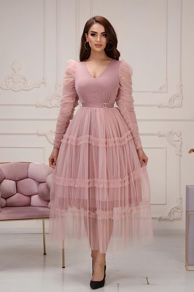 Matik Abiyem Our Tulle Ruffled Low-cut Evening Dress with Bronch Accessories