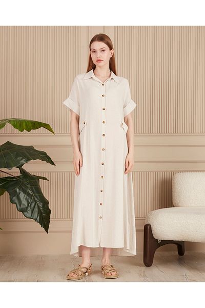 BeyzaBayram Plus Size Linen Dress - Loose, Button Detailed
