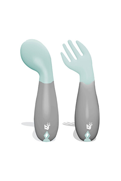 Babyjem طقم شوكة وملعقة بلاستيكية بزاوية، 6+ أشهر، أخضر