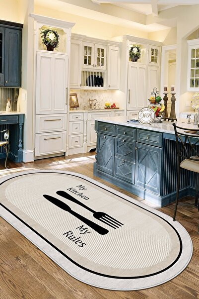 Lavita Home Makinede Yıkanabilir Kaymaz Taban Leke Tutmaz Bej Oval Mutfak Hal...