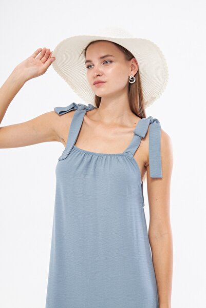 The Champ Clothing Light Blue Square Collar - Tied Shoulder Flowing Dress