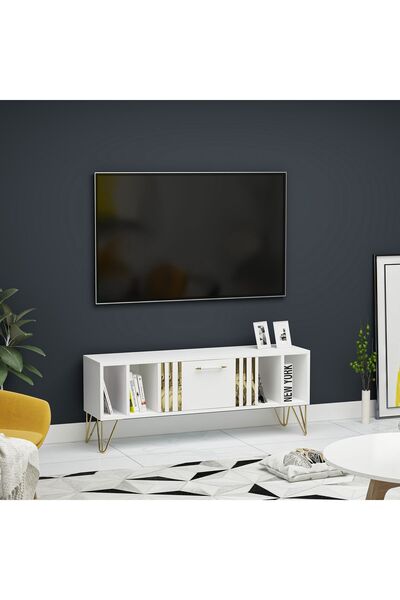 Ninnimo Tunç Gold Detaylı Gold Ayaklı Kapaklı Raflı Beyaz MDF Tv Ünitesi & Tv...