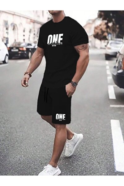 one button Set tricou și pantaloni scurți oversize negri unisex - Seria speci...