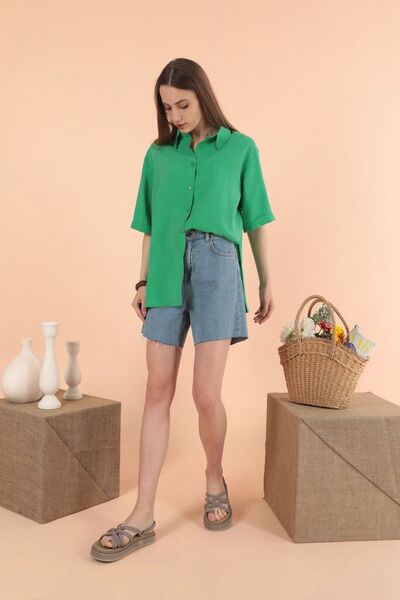 ziend fashion قميص نسائي أخضر بأكمام قصيرة من القماش المشروط