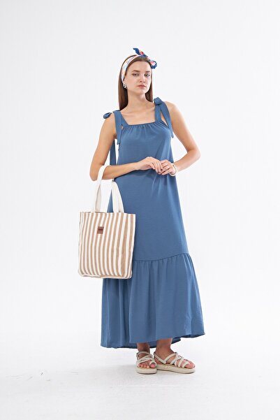 The Champ Clothing Blue Square Collar - Tied Shoulder Flowing Dress