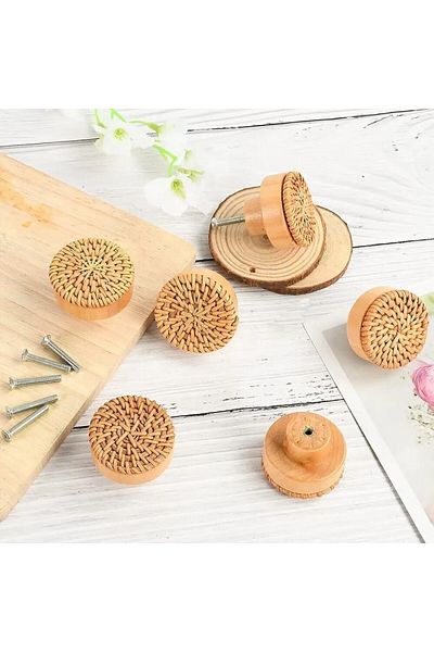 SÖZER ORMAN ÜRÜNLERİ 5-Piece Rattan Wicker Wooden Button Handle Button Drawer Handle