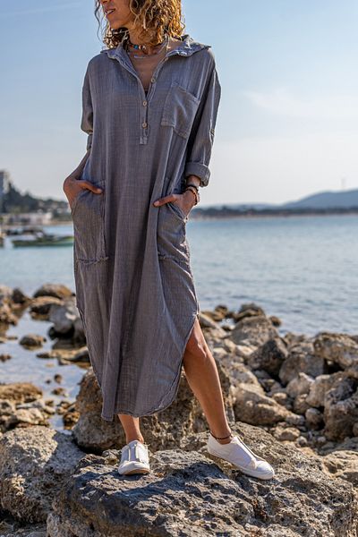 Güneşkızı Women's Gray Washed Linen Half Placket Pocket Dress Gk-rsd2083