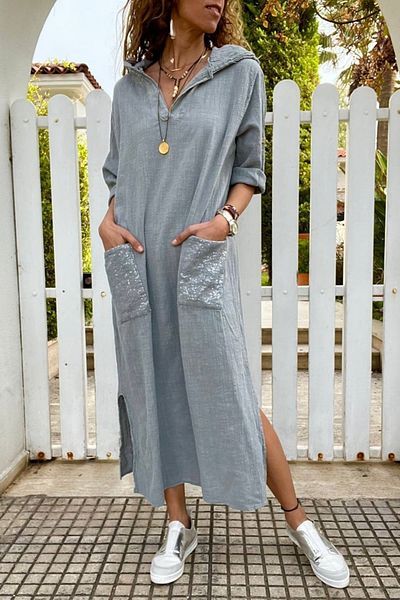 Güneşkızı Women's Gray Hooded Pocket Sequin Loose Linen Look Long Dress Rsd1224