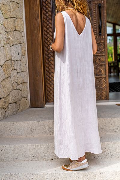 Güneşkızı Women's Stone Muslin V-neck Front Slit Long Casual Dress Bst3419