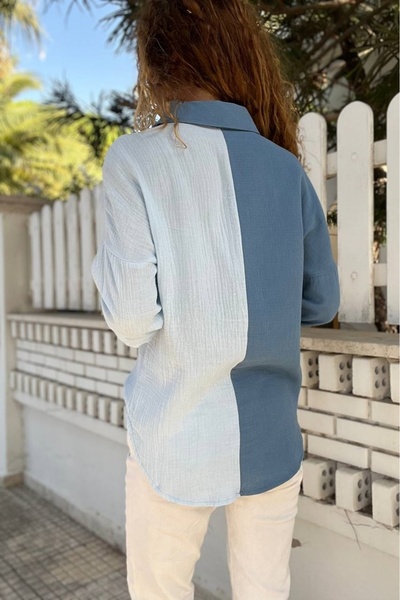 Güneşkızı Női indigófehér muszlin színes blokk alkalmi ing Bst3458