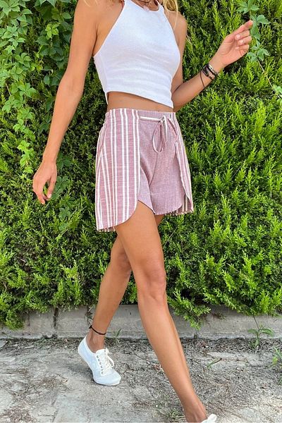 Güneşkızı Women's Powder Linen Color Block Shorts with Elastic Waist and Side Slits Bst3435