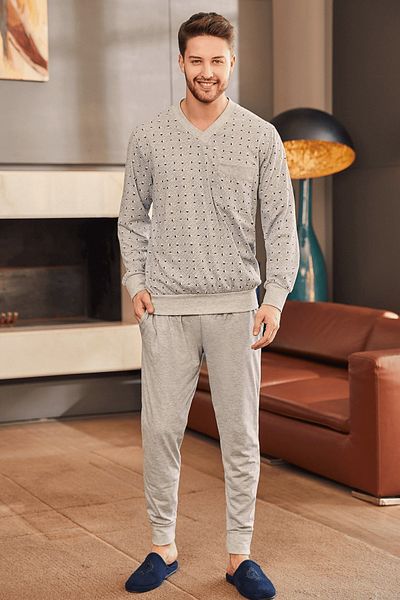 Mecit Pijama Βαμβακερό σετ ανδρικών πιτζάμες με μακρυμάνικο λαιμόκοψη - Λεπτομέρεια τσέπης, Plus Size