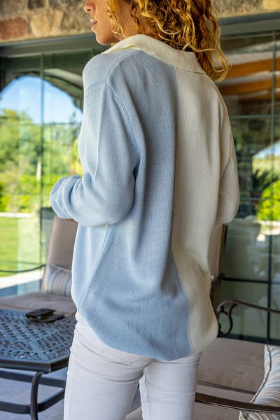 Güneşkızı Babyblauer lockerer Damenpullover mit Polokragen und Farbblock Cck1492
