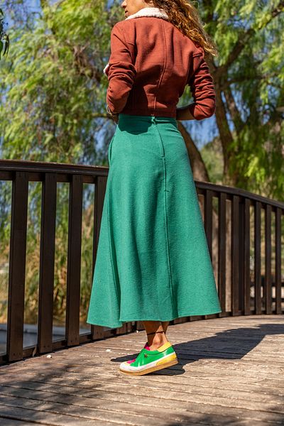 Güneşkızı Green Patterned Women's Flared Skirt - High Waist, Pocket, Stamp Bst3461