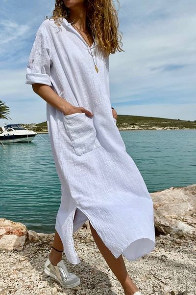 Güneşkızı Women's Ecru Hooded Pocket Sequin Loose Linen Look Long Dress Rsd1224