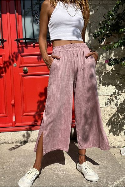 Güneşkızı Women's Burgundy Linen Elastic Waist Casual Capri Pants with Pockets and Slits on the Leg Bst3404