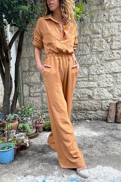 Güneşkızı Women's Tile-Brick Half-Flacked Elastic Waist Wide Leg Pocket Casual Jumpsuit Bst3360