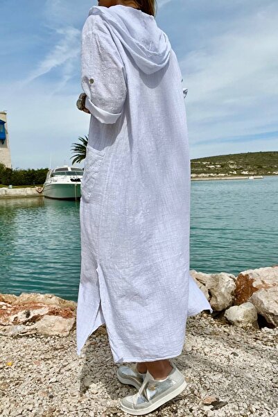 Güneşkızı Women's Ecru Hooded Pocket Sequin Loose Linen Look Long Dress Rsd1224