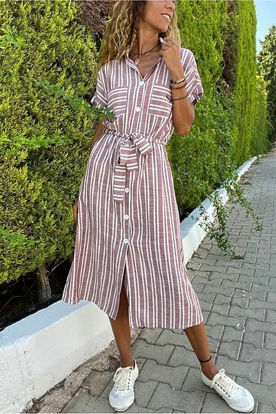 Güneşkızı Rochie cămașă cu mânecă scurtă cu buzunare din in roșu Claret Bst3434