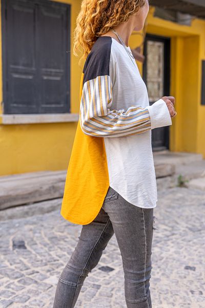 Güneşkızı Women's Mustard Linen Multi-Garnished Color Block Loose Blouse Bst3314