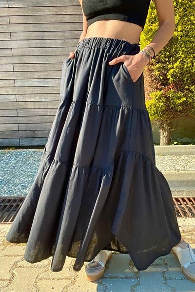 Güneşkızı Black Voile Flared Skirt - BST700-3574 with Pockets and Elastic Waist