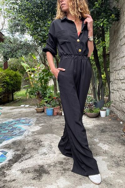 Güneşkızı Women's Black Half Patchwork Elastic Waist Wide Leg Pocket Casual Jumpsuit Bst3360