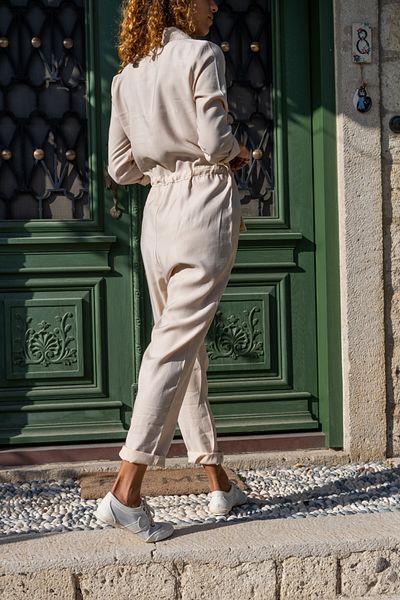 Güneşkızı Women's Cream Airobin Pocket Belted Safari Jumpsuit Bst3164