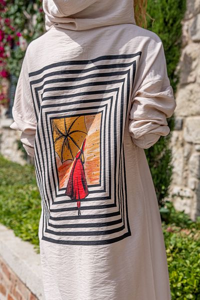 Güneşkızı Stone Color Linen Hooded Side Slit Long Women's Dress Bst3225