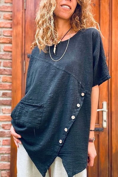 Güneşkızı Women's Black Asymmetrical Cut Button Detailed Single Pocket Linen Look Loose Blouse RSD1232