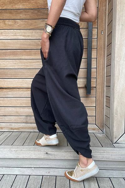 Güneşkızı Pantaloni Shalwar pentru femei, negri, spălat, cu buzunare, talie elastică Rsd58048