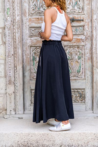 Güneşkızı Black Straw Detailed Casual Flared Women's Skirt - Waist ELastic Bst3389
