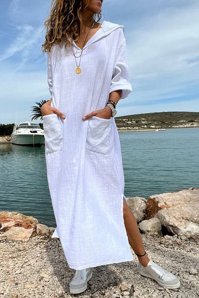 Güneşkızı Women's Ecru Hooded Pocket Sequin Loose Linen Look Long Dress Rsd1224