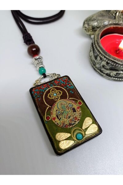 mama india alaçatı قلادة بوهيمية أصلية مع أشكال شيفا باللون الأخضر الكاكي